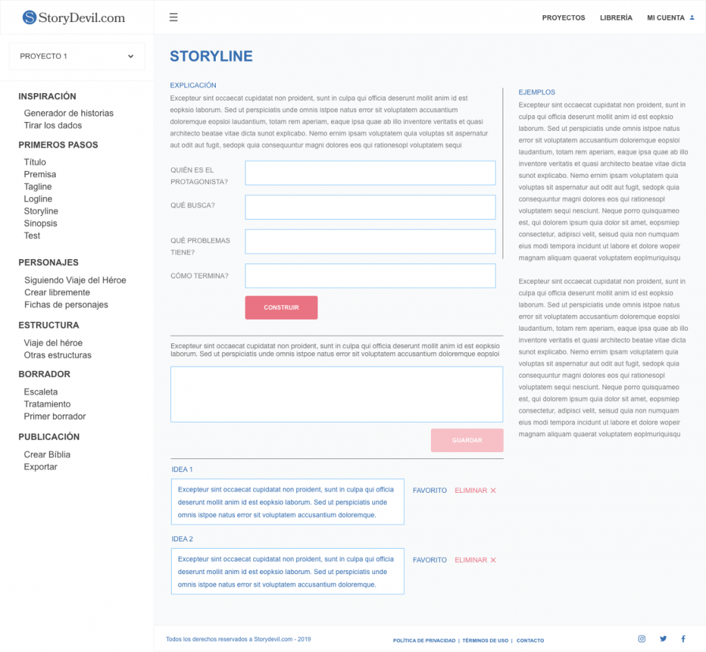 Wireframe de una de las pantallas de StoryDevil