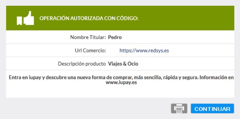 Pantalla de confirmación de pago de Redsys